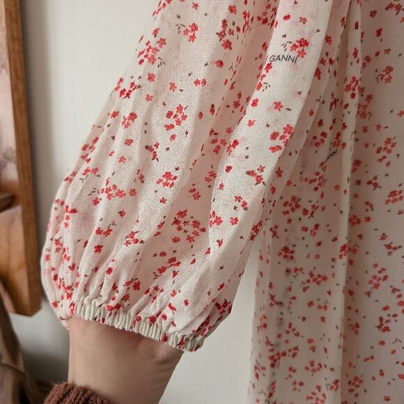 Ganni Floral Georgette Mini Egret High Neck Puff Sleeve Dress Size Medium - Picture 3 of 8